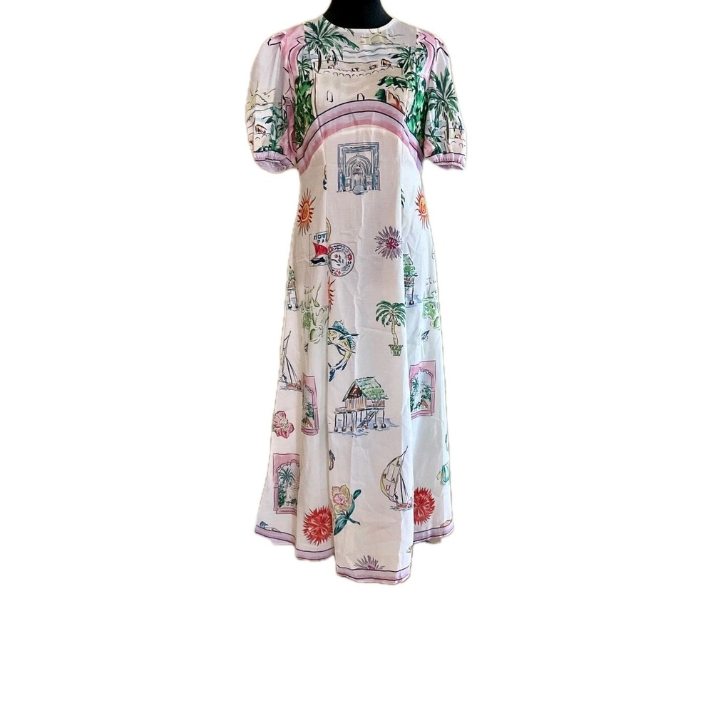 NWOT Tropical Print Puff Sleeve Maxi Dress Summer Resortwear Boho VintageStyle S